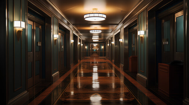 Interior of hotel corridor with elevator
