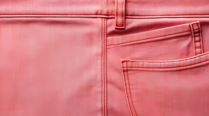 Jeans pocket of pink color. Vertical background with denim texture of coral color and pocket