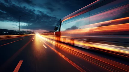 Acrylic prints Highway at night Bus driving on highway at night, car headlight light trail speed motion blur, futuristic logistic transportation background