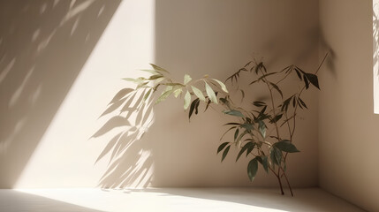 Minimalistic abstract gentle light beige background for product presentation with light andand intricate shadow from the window and vegetation on wall