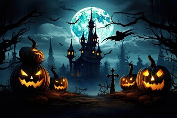 A spooky Halloween scene with pumpkins and a castle in the background