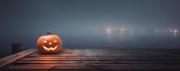 A spooky carved pumpkin on a dock under the moonlight