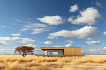 modern minimalist wooden architecture against a backdrop of fields