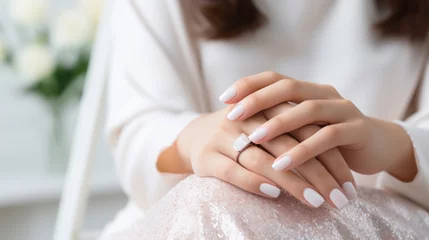 Foto op Aluminium Beautiful female hands with manicure close-up, modern stylish wedding nail design, hands of the bride, generative ai © Henryzoom