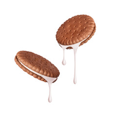 Two chocolate cookies with dripping filling isolated on white background