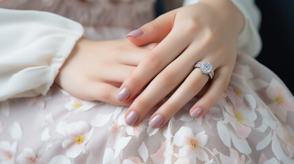 Obraz na płótnie Canvas Beautiful female hands with manicure close-up, modern stylish wedding nail design, hands of the bride, generative ai