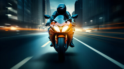 Speed motorcycle driving on highway at night, car headlight light trail speed motion...