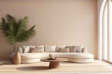 Interior wall mockup with a minimalist living room design in warm beige tones. The room features a curved low sofa and a palm leaf placed in a vase. The image is an illustration created through