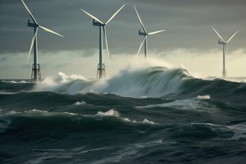 Offshore wind farms next to the deserted wild rocks in the middle of a stormy northern sea. Beautiful gloomy seascape with wind generators. Sustainable green energy concept. 3D rendering. - obrazy, fototapety, plakaty