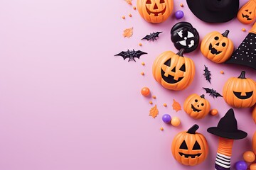A Halloween display with pumpkins and witches on a vibrant purple background