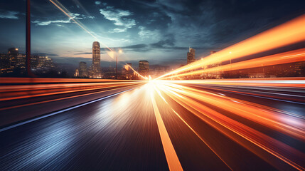 Van driving on highway at night, car headlight light trail speed motion blur,futuristic logistic transportation background