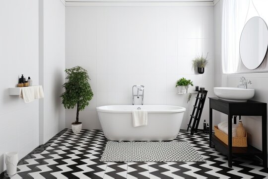 The bathroom has a white tiled wall with a checkered pattern on the floor. The walls are made of ceramic bricks and the floor tiles Mockup Of mosaic design. Both the bathroom and kitchen have clean