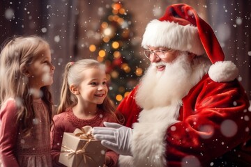 Fototapeta na wymiar Santa Claus gives a gift to two girls. Christmas celebration.