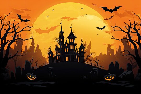 A spooky castle with bats flying around on Halloween night