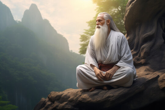 A male monk with a long white beard is sitting on a rock. Buddha, the Guru Purnima festival.