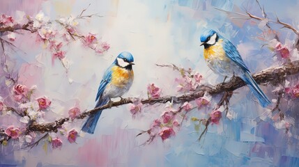 painting style illustration of cute two sparrow bird on pink flower branch, Generative Ai