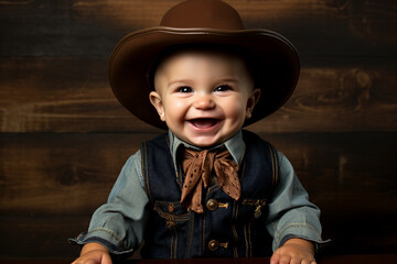 Funny baby boy wearing a cowboy costume Generative AI picture