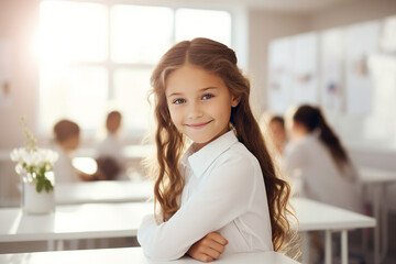 Generative ai collage picture of a grade schoolkid standing in school classroom