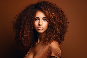 Generative AI illustration of amazing diversity ethnicity woman with volume curly hairdress posing over colorful background