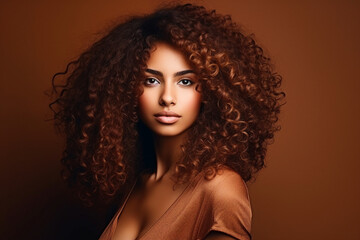 Fototapeta premium Generative AI illustration of amazing diversity ethnicity woman with volume curly hairdress posing over colorful background