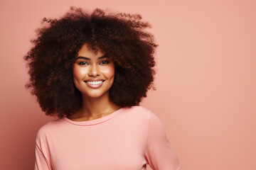 Generative AI illustration of amazing diversity ethnicity woman with volume curly hairdress posing over colorful background