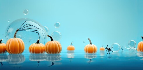 A group of floating pumpkins in the water