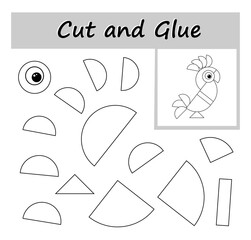 DIY worksheet. Color, cut parts of the image and glue on the paper. Cartoon parrot.