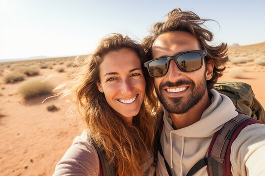 Generative AI illustration collage of wanderer couple traveling together summer mountains making selfies beautiful nature safari sand