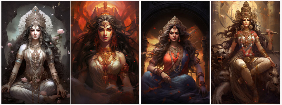 Set of PARVATI, god of Hindu mythology. Created with Generative AI technology.
