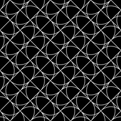 Fototapeta premium Grid motif. Modern mosaic ornament with repeated figures. Repeat shapes background. Seamless surface pattern design with polygons. Grill wallpaper. Crossed diagonal lines and curves. Vector artwork.