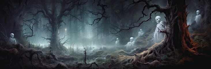 A mysterious forest filled with white ghosts - obrazy, fototapety, plakaty