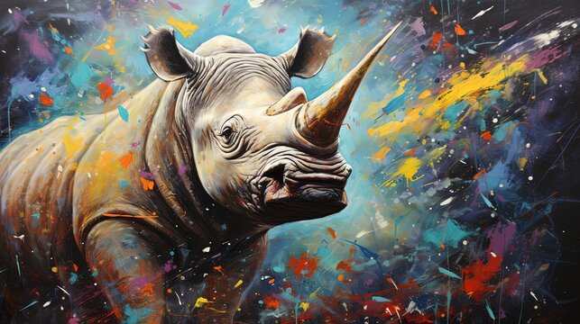 painting style illustration of rhino in flower field with color splash, Generative Ai