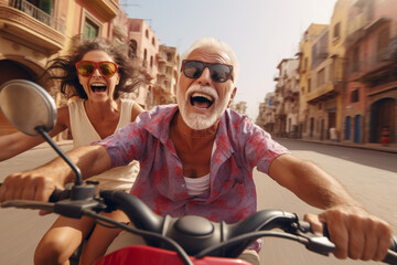 Fototapeta na wymiar Happy excited elderly couple of tourists riding a scooter down the Arab city street. Travel retirement concept. AI generated.
