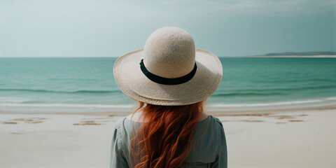 girl with red hair in a hat on the background of the sea rear view - obrazy, fototapety, plakaty