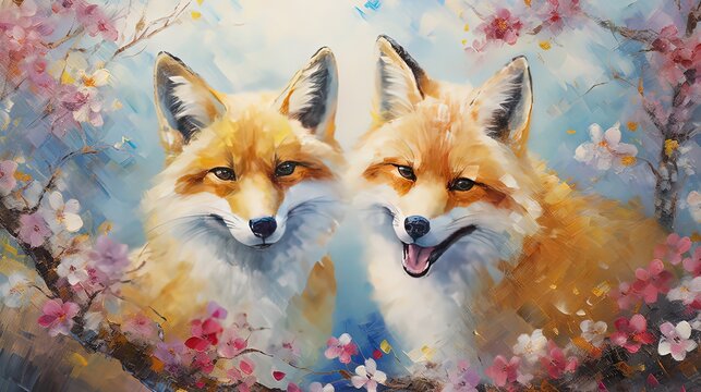 painting style illustration of two red fox in flower garden, happy animal family, Generative Ai