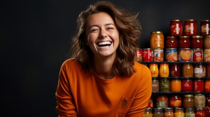 Joyful Beverage Choice: Laughing Woman in Orange.
A joyful woman laughing in front of a colourful beverage shelf.