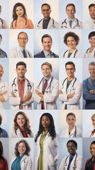 Collage, portraits of doctors. AI generated.