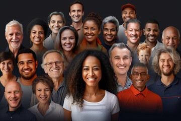 Collage of people, portraits of happy people, men and women of different nationalities. AI generated.