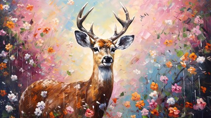 painting style illustration of deer in flower garden, Generative Ai