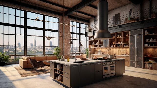 Luxury loft style studio apartment with a free layout in dark colors. Stylish modern kitchen with island, cozy living area with sofa, floor-to-ceiling windows with stunning city view. 3D rendering.