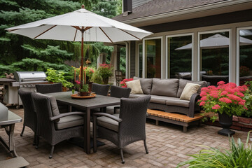 Fototapeta premium A cozy courtyard with a patio area, a country house, a villa. Soft sofas and armchairs in the yard.