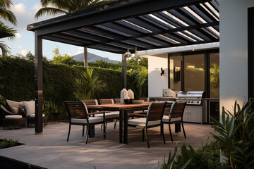 Fototapeta na wymiar Cozy patio with sofas and a table. Pergola shade over patio.