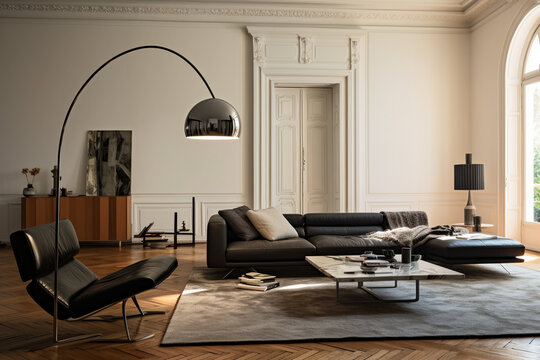 Living room interior with Arco Flos floor lamp.