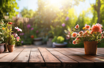 wooden table top with flowers on garden background artificial intelligence