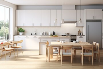 A rendering of a contemporary kitchen with white cabinets is shown, featuring a gas stove and a washing sink on a white island counter that connects to a dining table. The image also includes a