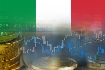 Stock market investment trading financial, coin and Italy flag or Forex for analyze profit finance business trend data background.