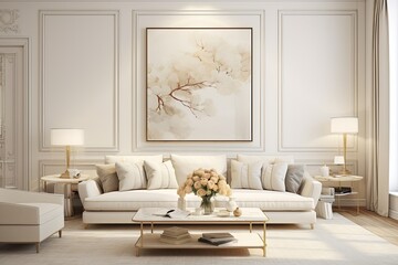 Modern yet timeless, a classic white and beige interior is adorned with elegant furniture and tasteful decor. This rendered illustration mockup expertly captures the essence of this sophisticated