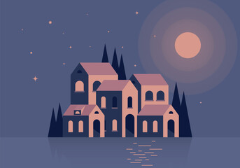 Fototapeta na wymiar Night landscape with houses near the water. Vector illustration