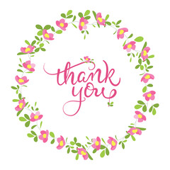 Handwritten "Thank you" in a floral frame