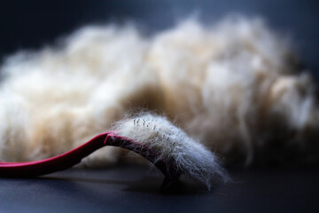 light wool on a comb on a dark background